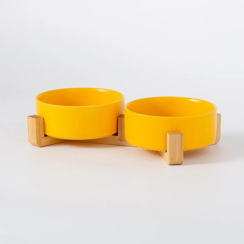 Ceramic Pet Bowl with Wooden Stand – Single & Double Feeding Set