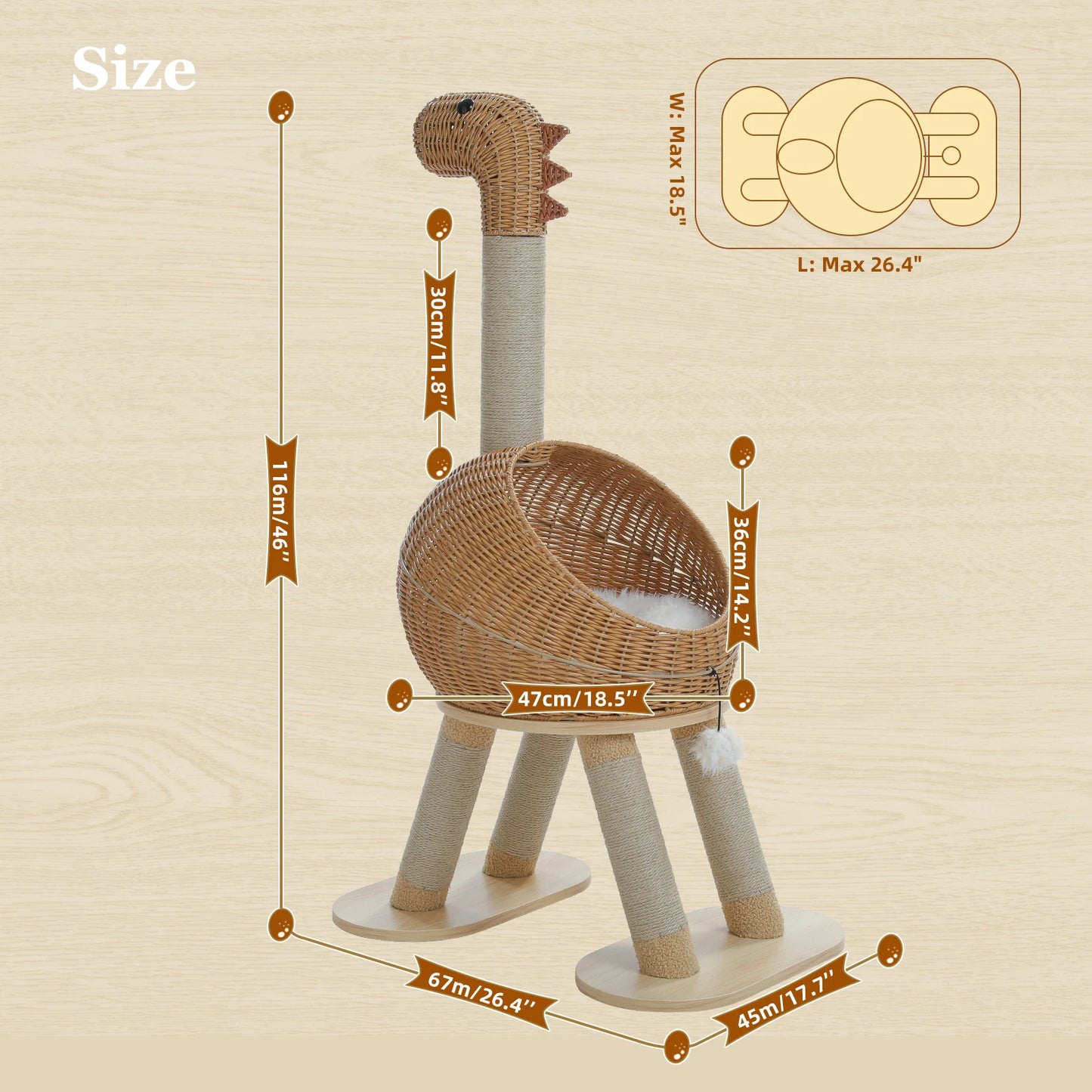 Dinosaur Cat Tree Tower with Rattan Condo & Sisal Scratching Posts