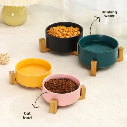 Ceramic Pet Bowl with Wooden Stand – Single & Double Feeding Set