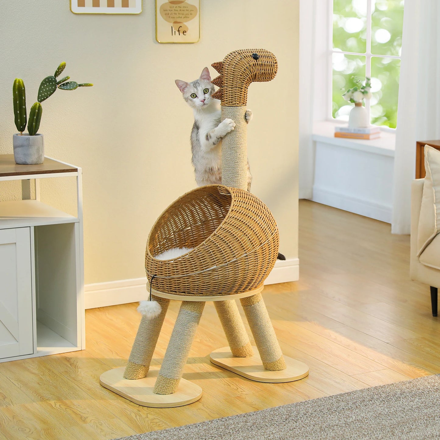 Dinosaur Cat Tree Tower with Rattan Condo & Sisal Scratching Posts