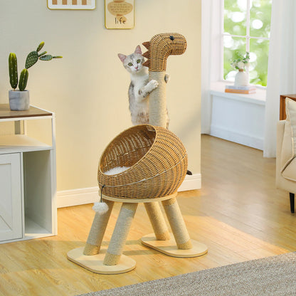 Dinosaur Cat Tree Tower with Rattan Condo & Sisal Scratching Posts