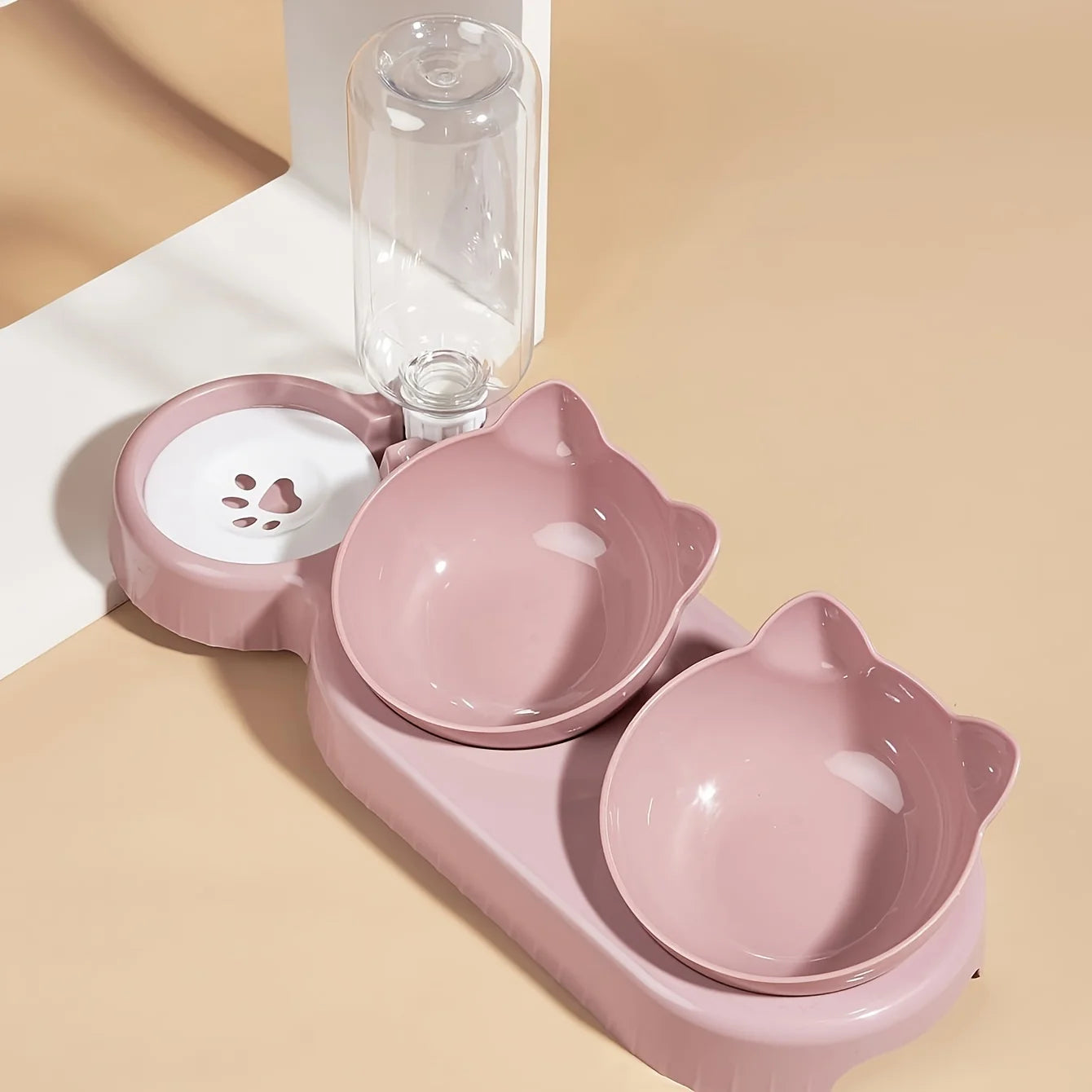 Tilted 3-in-1 Cat Bowl with Gravity Water Dispenser – Food & Water Feeding Station