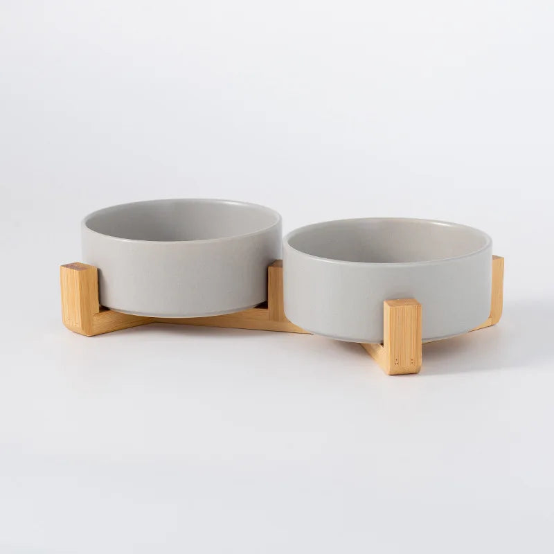 Ceramic Pet Bowl with Wooden Stand – Single & Double Feeding Set