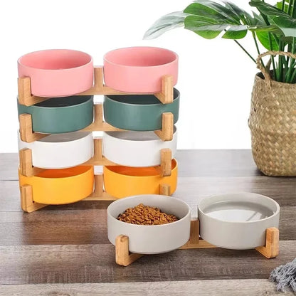 Ceramic Pet Bowl with Wooden Stand – Single & Double Feeding Set