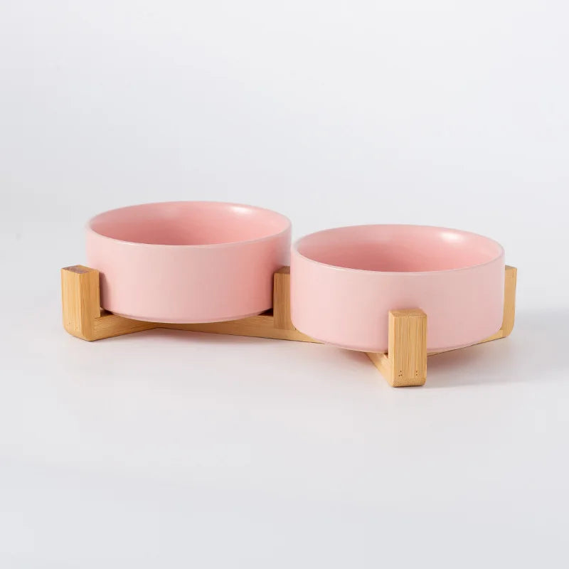 Ceramic Pet Bowl with Wooden Stand – Single & Double Feeding Set