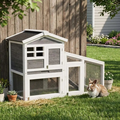 2-Tier Wooden Rabbit Hutch with Outdoor Run