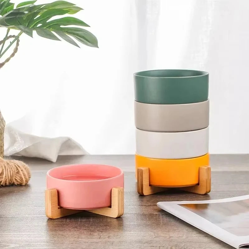 Ceramic Pet Bowl with Wooden Stand – Single & Double Feeding Set