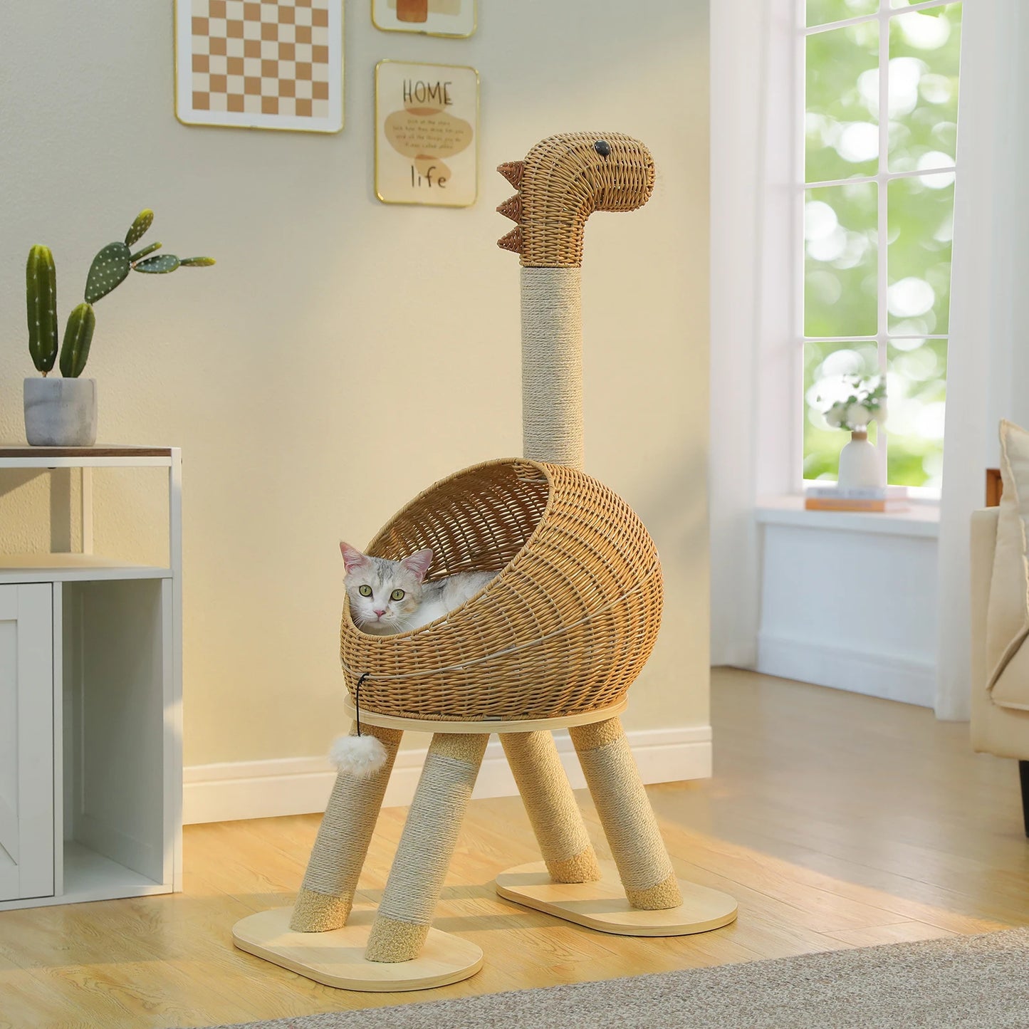 Dinosaur Cat Tree Tower with Rattan Condo & Sisal Scratching Posts