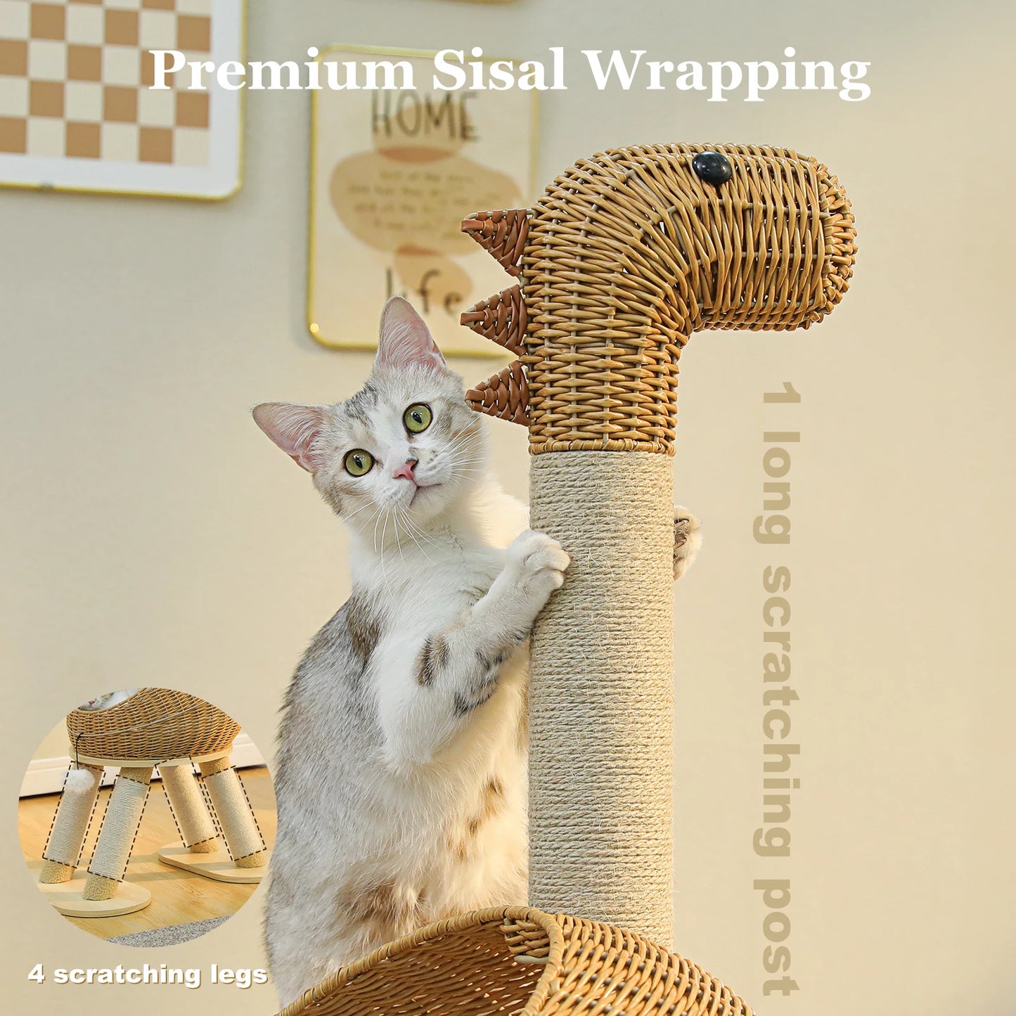 Dinosaur Cat Tree Tower with Rattan Condo & Sisal Scratching Posts