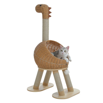 Dinosaur Cat Tree Tower with Rattan Condo & Sisal Scratching Posts